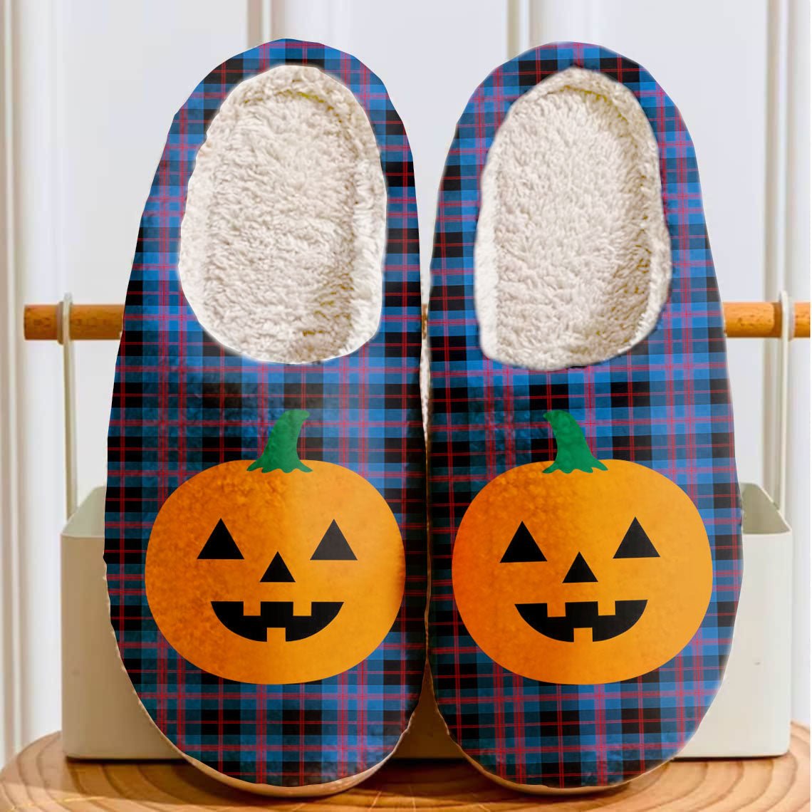 Clan Angus Modern Tartan Halloween Pumpkin Slippers, Fluffy Spooky Slippers SK63 Angus Modern Tartan Tartan Halloween   