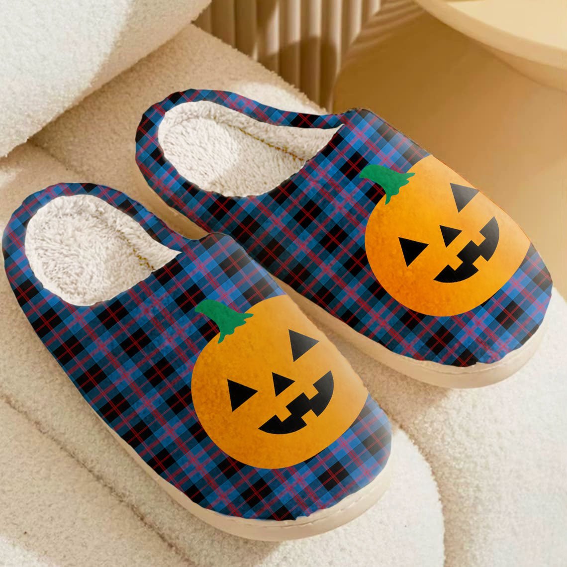 Clan Angus Modern Tartan Halloween Pumpkin Slippers, Fluffy Spooky Slippers SK63 Angus Modern Tartan Tartan Halloween   