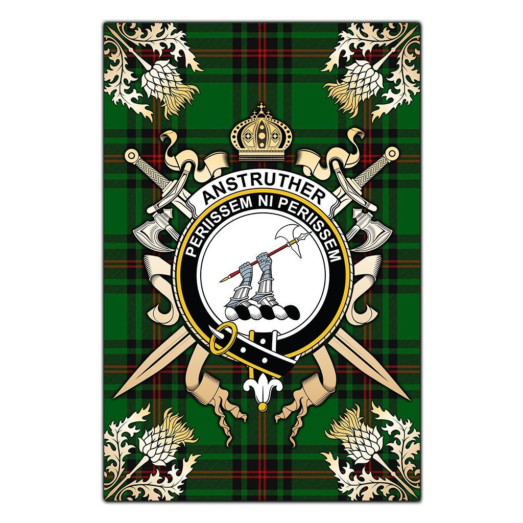 Clan Anstruther Tartan Crest Black Garden Flag  - Gold Thistle  UR51 Clan Anstruther Tartan Today   