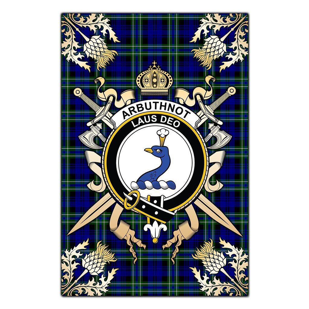 Clan Arbuthnot Modern Tartan Crest Black Garden Flag  - Gold Thistle  QW80 Clan Arbuthnot Tartan Today   