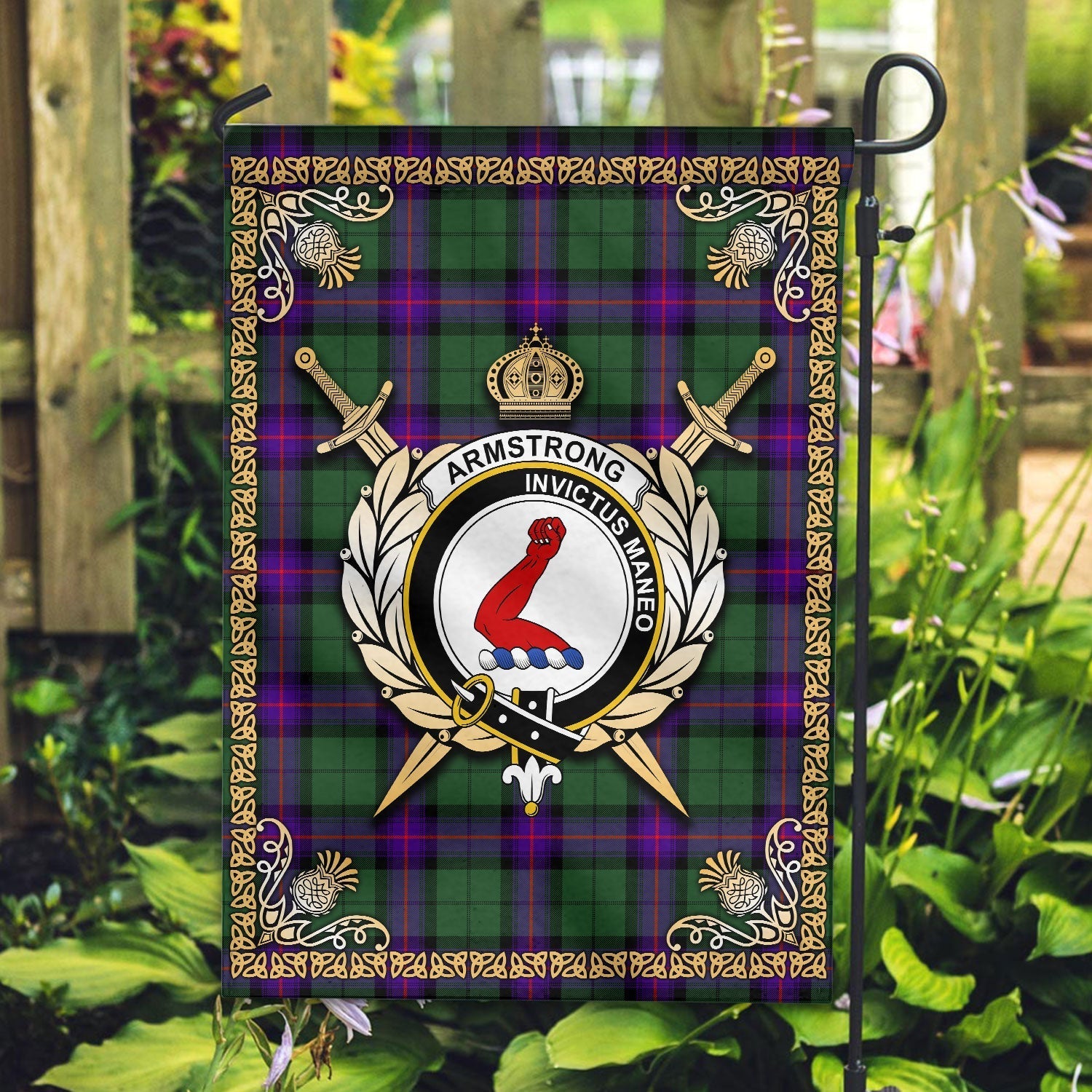 Clan Armstrong Modern Tartan Crest Garden Flag  - Celtic Thistle  PV77 Clan Armstrong Tartan Today   