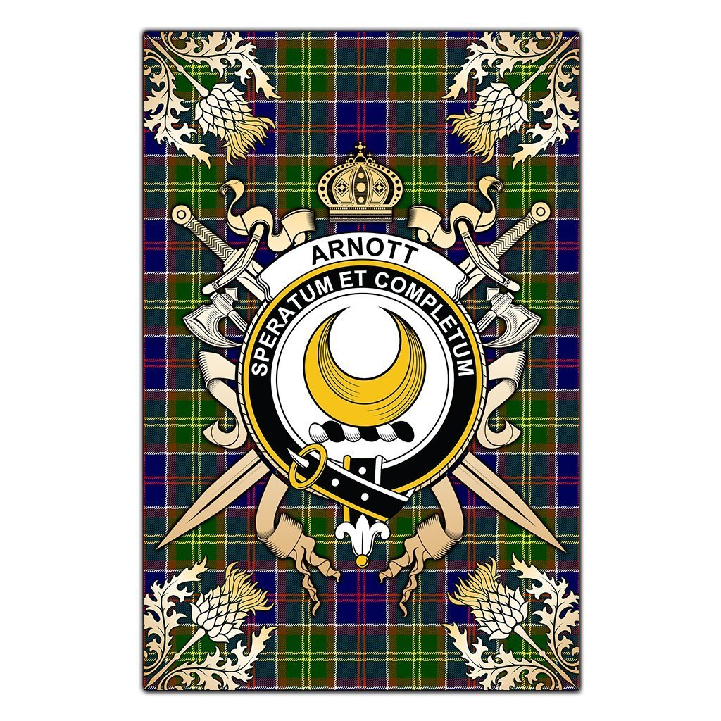 Clan Arnott Tartan Crest Black Garden Flag  - Gold Thistle  FF43 Clan Arnott Tartan Today   