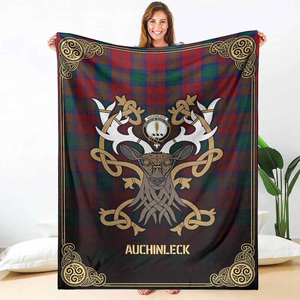 Clan Auchinleck Tartan Crest Premium Blanket Celtic Stag Style UN93 Clan Auchinleck Tartan Today   