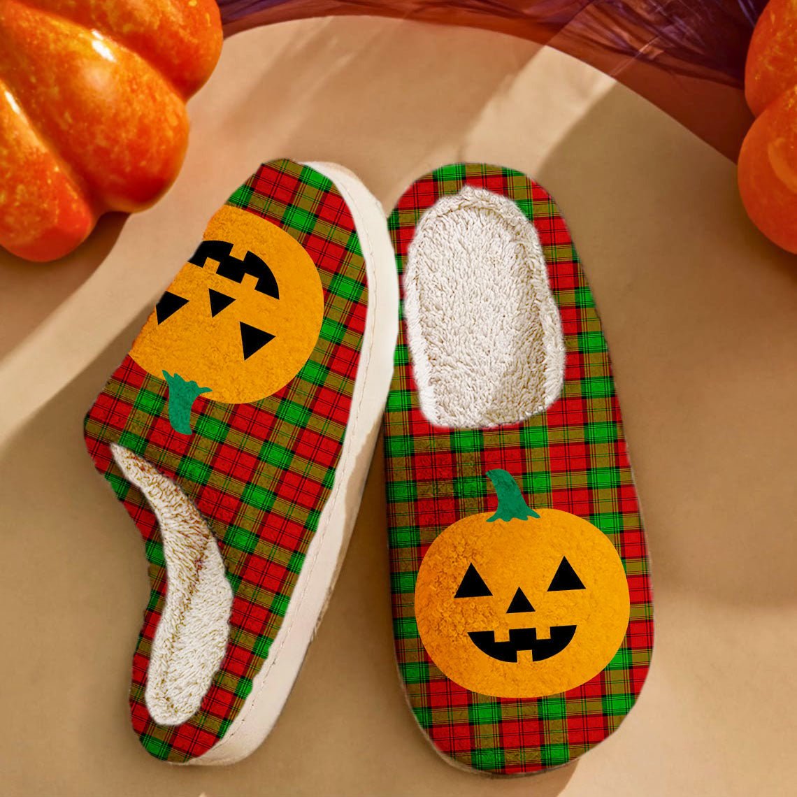 Clan Auchinleck Tartan Halloween Pumpkin Slippers, Fluffy Spooky Slippers BD85 Auchinleck Tartan Tartan Halloween   