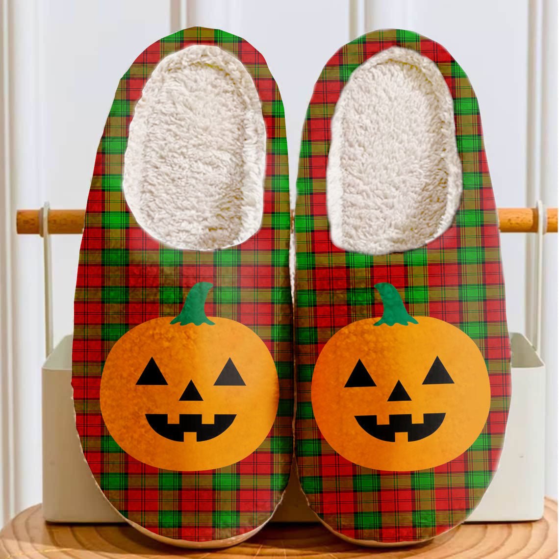 Clan Auchinleck Tartan Halloween Pumpkin Slippers, Fluffy Spooky Slippers BD85 Auchinleck Tartan Tartan Halloween   