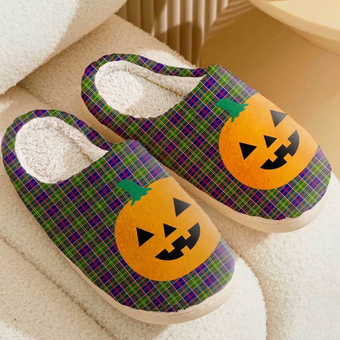 Clan Ayrshire District Tartan Halloween Pumpkin Slippers, Fluffy Spooky Slippers SO32 Ayrshire District Tartan Tartan Halloween   