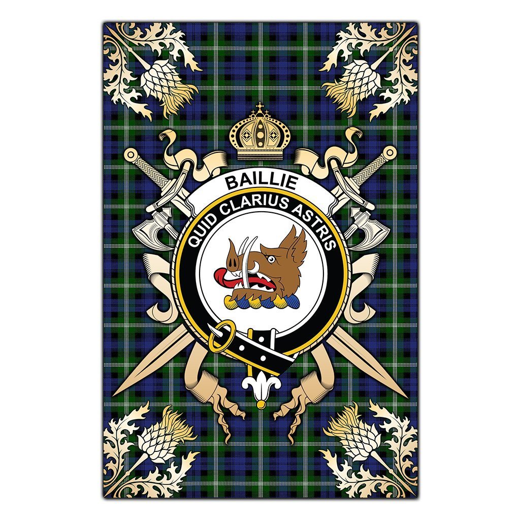 Clan Baillie Modern Tartan Crest Black Garden Flag  - Gold Thistle  UB22 Clan Baillie Tartan Today   