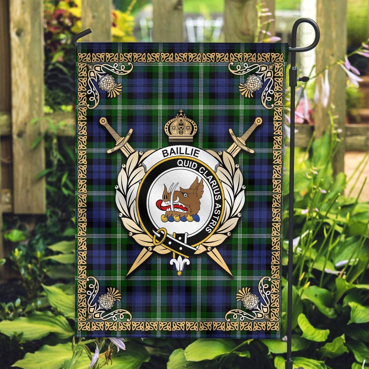 Clan Baillie Modern Tartan Crest Garden Flag  - Celtic Thistle  QT58 Clan Baillie Tartan Today   