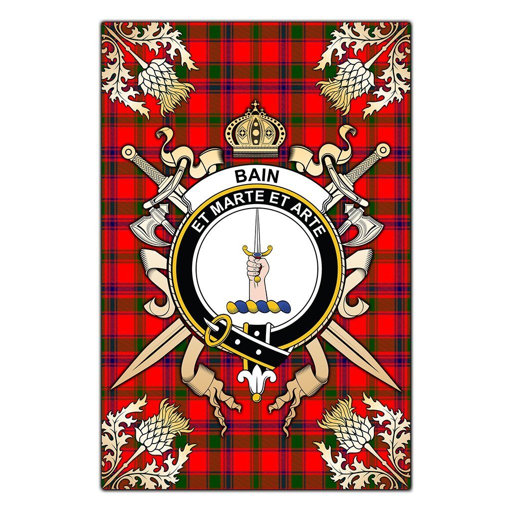 Clan Bain Tartan Crest Black Garden Flag  - Gold Thistle  AO97 Clan Bain Tartan Today   