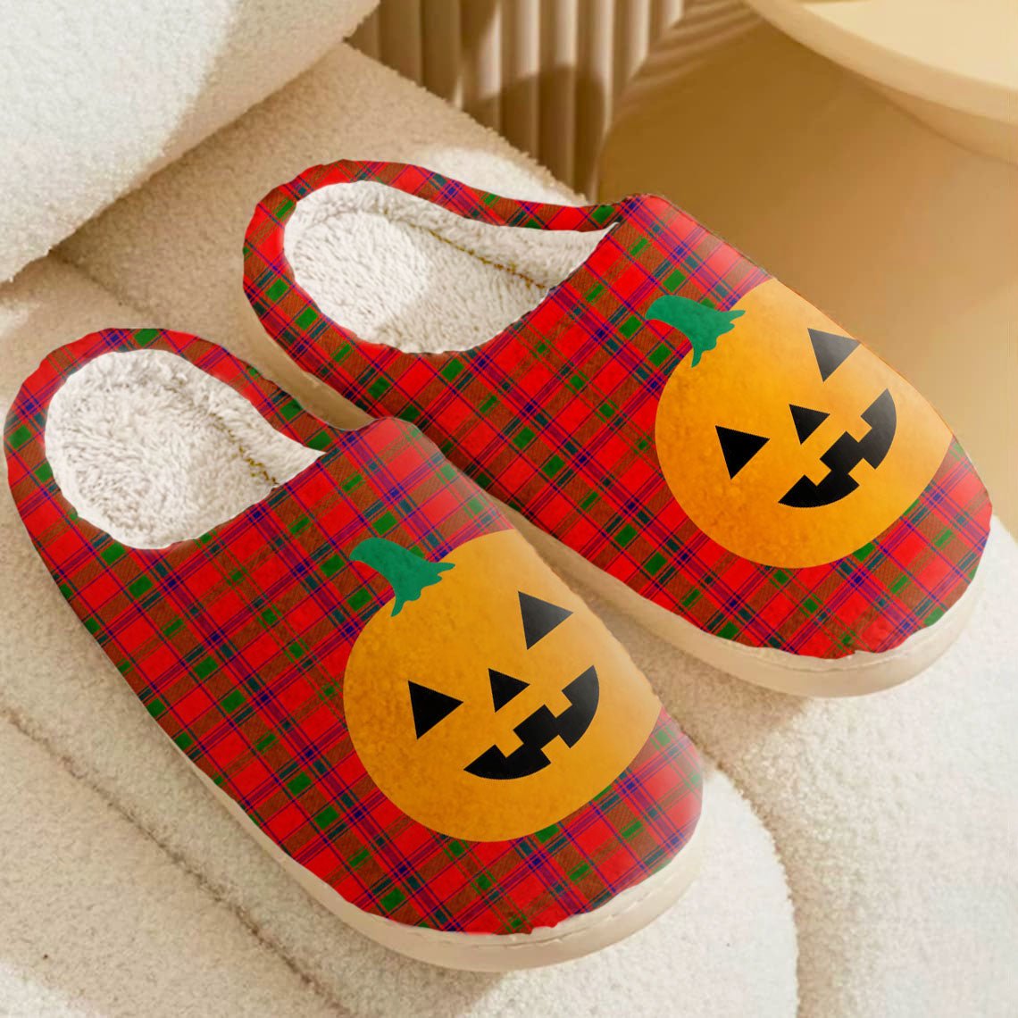 Clan Bain Tartan Halloween Pumpkin Slippers, Fluffy Spooky Slippers NR23 Bain Tartan Tartan Halloween   