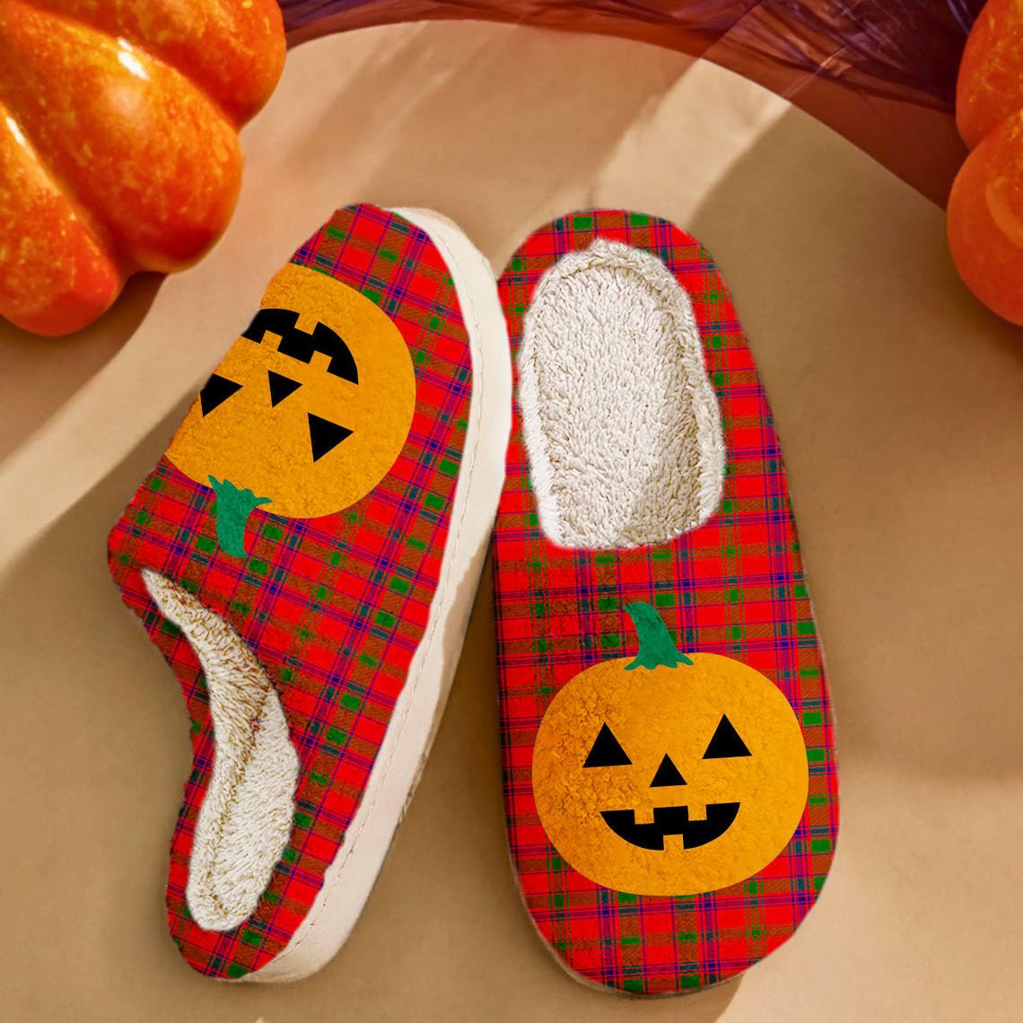 Clan Bain Tartan Halloween Pumpkin Slippers, Fluffy Spooky Slippers NR23 Bain Tartan Tartan Halloween   