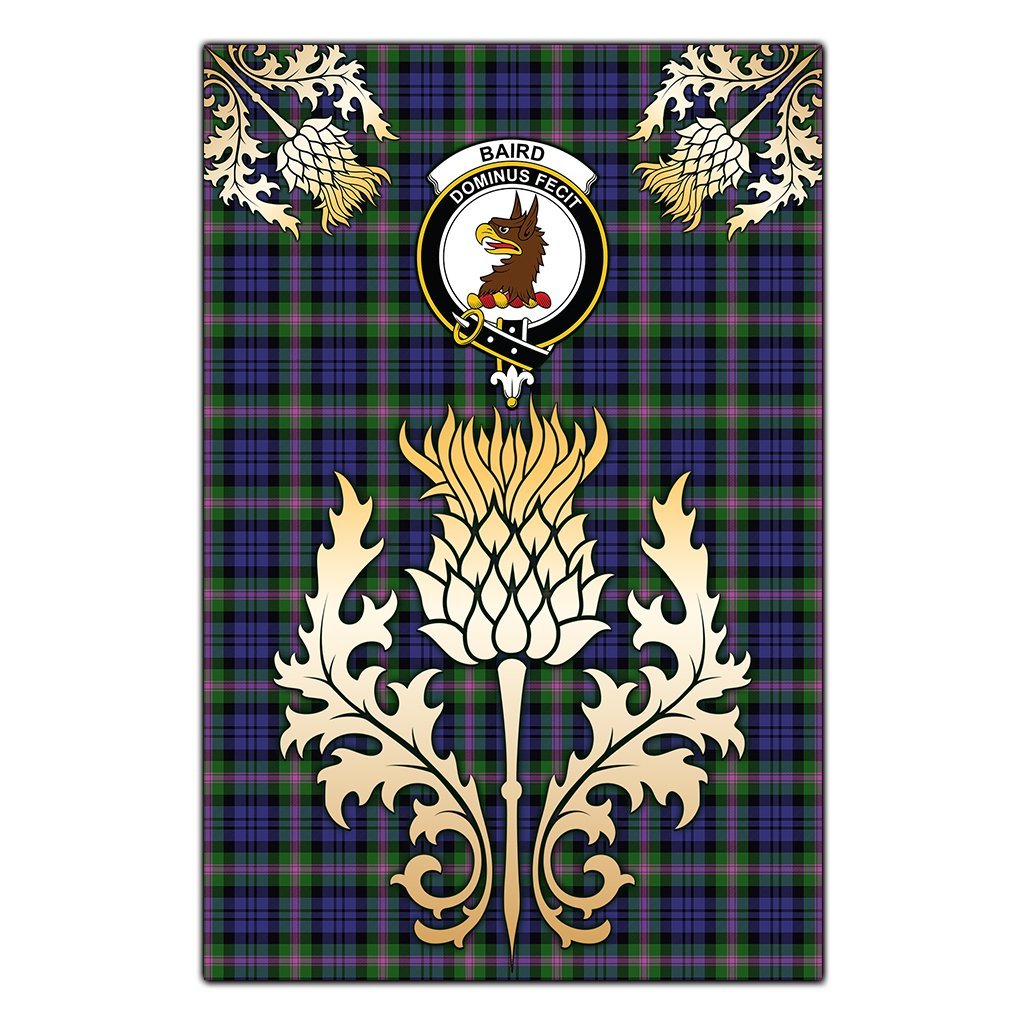 Clan Baird Modern Tartan Crest Black Garden Flag  - Gold Thistle   Ver 1HG14 Clan Baird Tartan Today   