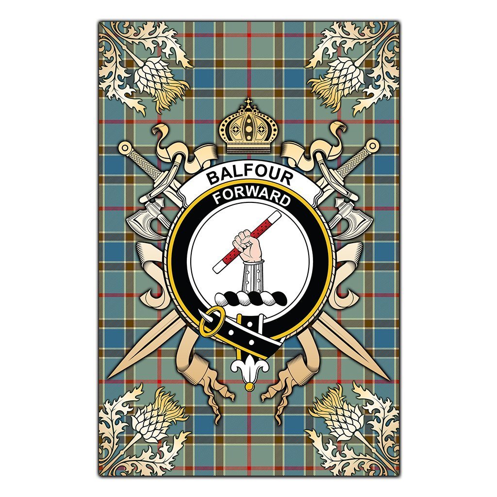 Clan Balfour Blue Tartan Crest Black Garden Flag  - Gold Thistle  KF98 Clan Balfour Tartan Today   