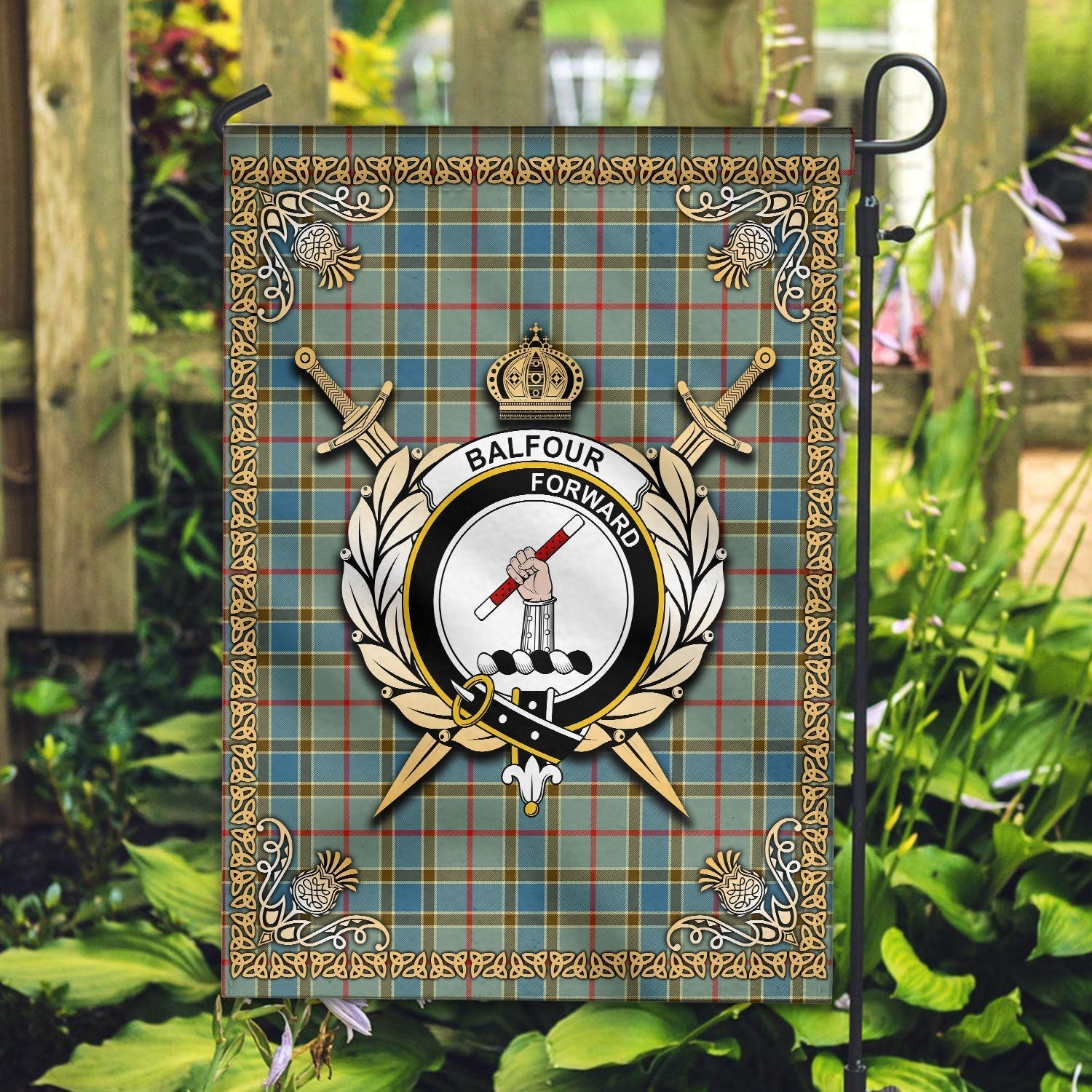 Clan Balfour Blue Tartan Crest Garden Flag  - Celtic Thistle  XU63 Clan Balfour Tartan Today   