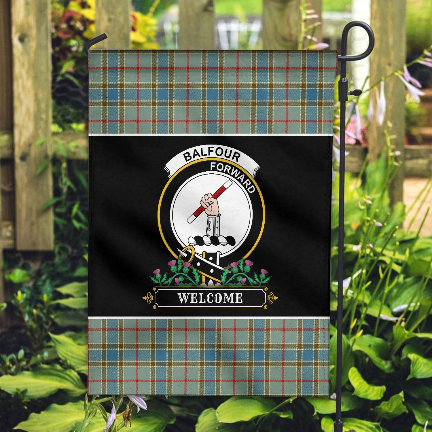 Clan Balfour Blue Tartan Crest Garden Flag  - Welcome  SR91 Clan Balfour Tartan Today   