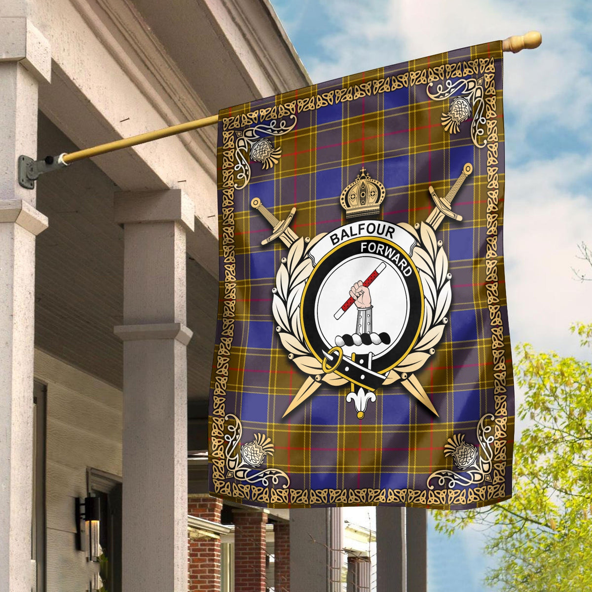 Clan Balfour Modern Tartan Crest Garden Flag  - Celtic Thistle  ZN74 Clan Balfour Tartan Today   