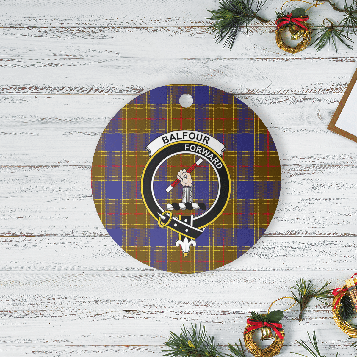 Clan Balfour Modern Tartan Crest Round Ceramic Ornament NQ66 Balfour Modern Tartan Tartan Christmas   