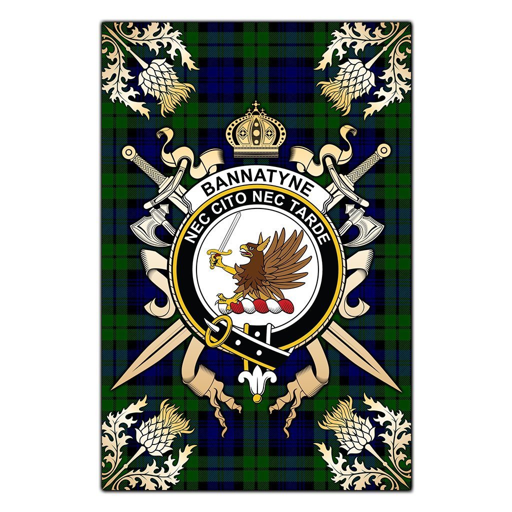 Clan Bannatyne Tartan Crest Black Garden Flag  - Gold Thistle  HH43 Clan Bannatyne Tartan Today   