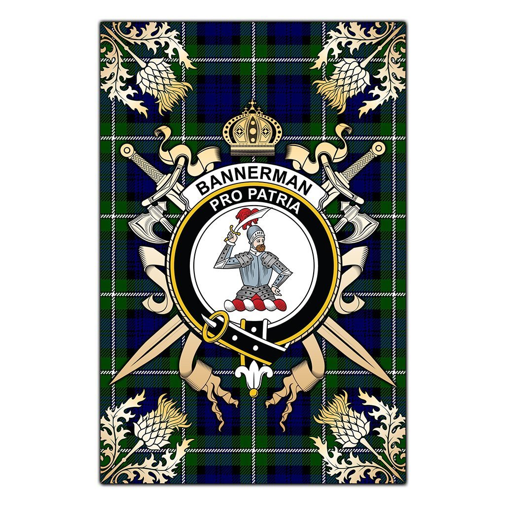 Clan Bannerman Tartan Crest Black Garden Flag  - Gold Thistle  OC26 Clan Bannerman Tartan Today   