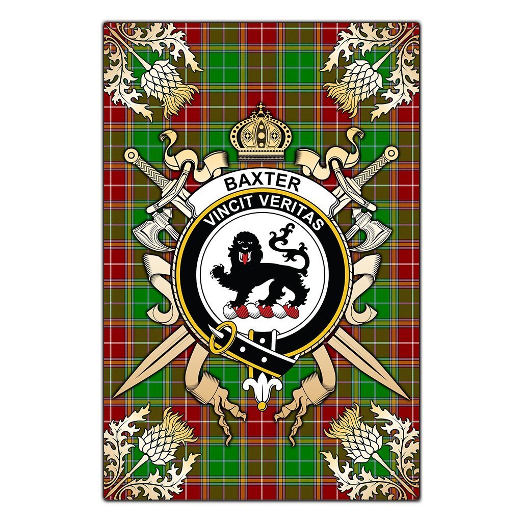 Clan Baxter Modern Tartan Crest Black Garden Flag  - Gold Thistle  QC24 Clan Baxter Tartan Today   