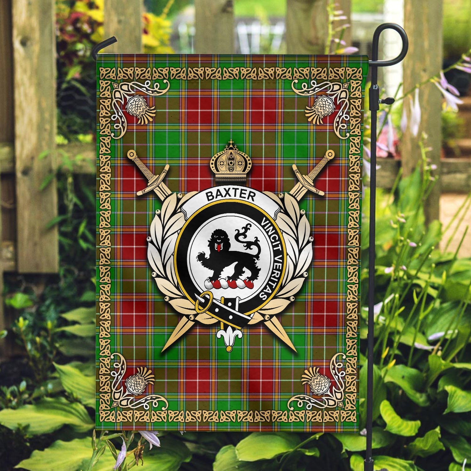 Clan Baxter Modern Tartan Crest Garden Flag  - Celtic Thistle  CA86 Clan Baxter Tartan Today   