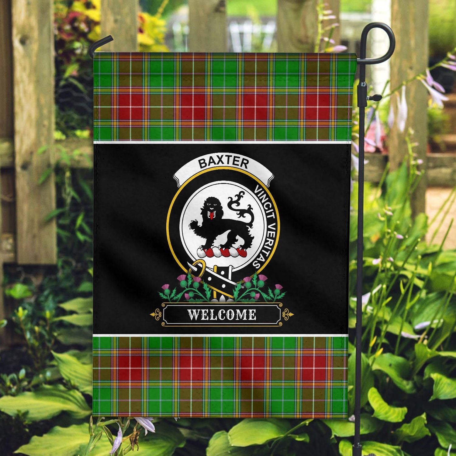 Clan Baxter Modern Tartan Crest Garden Flag  - Welcome  UZ99 Clan Baxter Tartan Today   