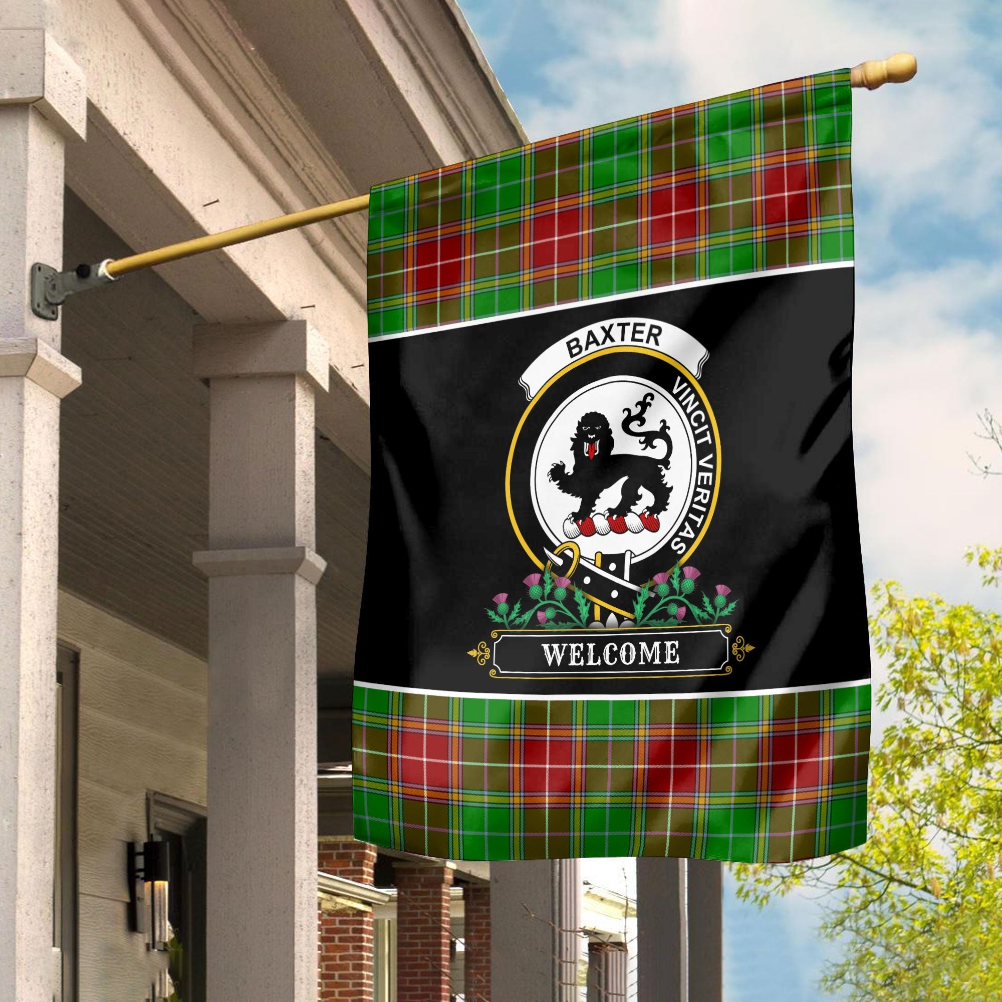 Clan Baxter Modern Tartan Crest Garden Flag  - Welcome  UZ99 Clan Baxter Tartan Today   