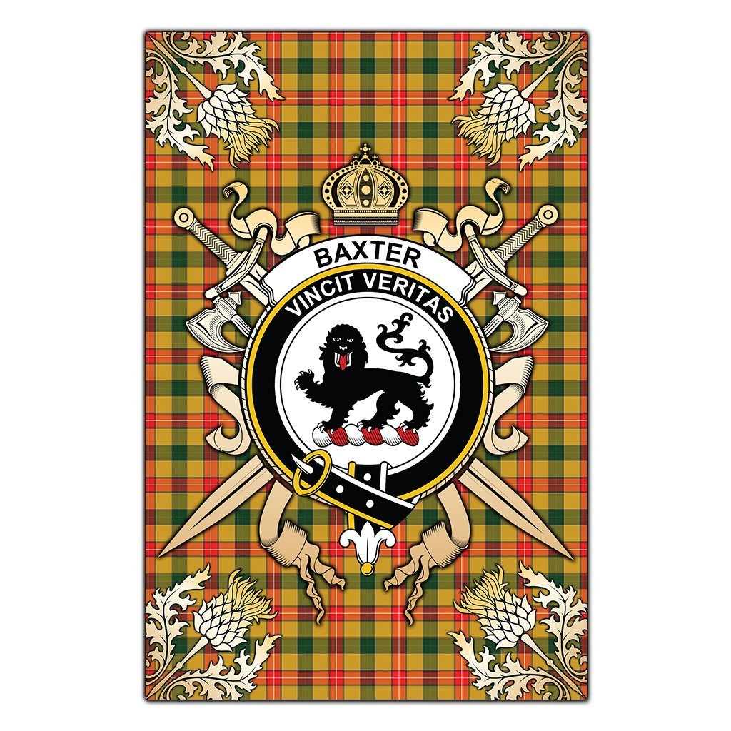 Clan Baxter Tartan Crest Black Garden Flag  - Gold Thistle  GL47 Clan Baxter Tartan Today   