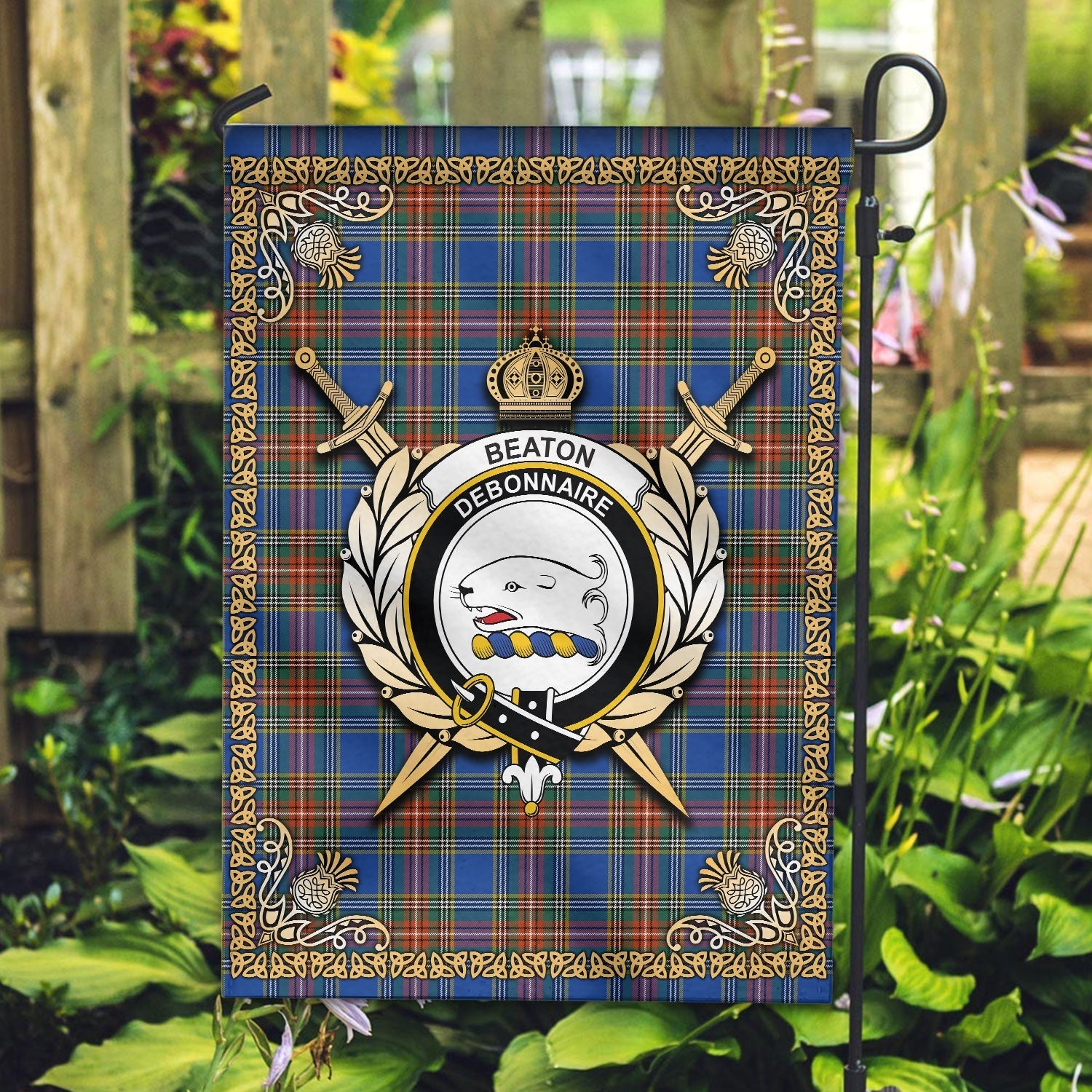 Clan Beaton Ancient Tartan Crest Garden Flag  - Celtic Thistle  LE58 Clan Beaton Tartan Today   