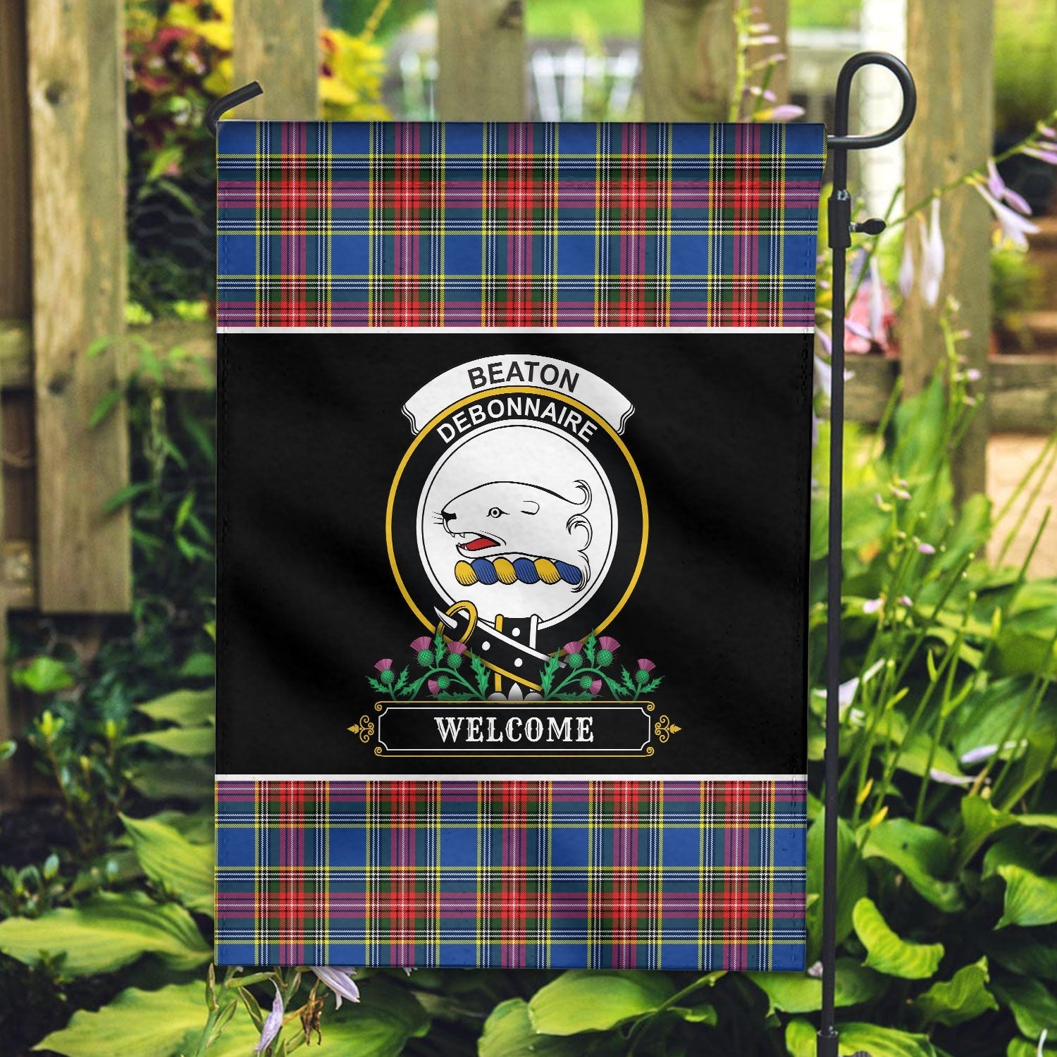 Clan Beaton Modern Tartan Crest Garden Flag  - Welcome  UI88 Clan Beaton Tartan Today   