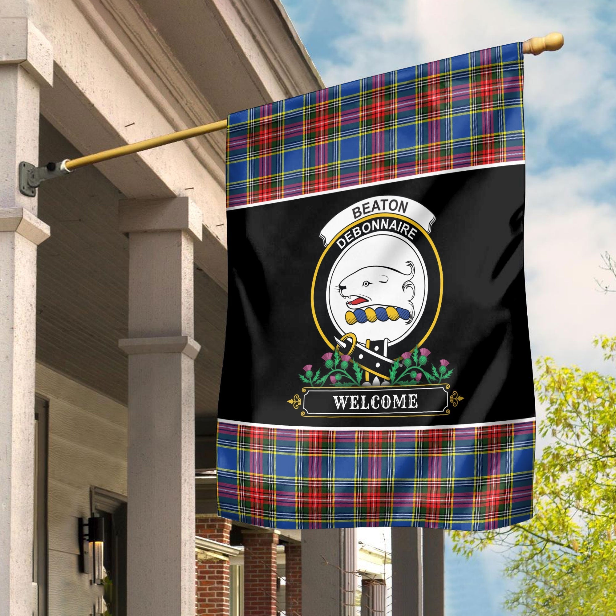 Clan Beaton Modern Tartan Crest Garden Flag  - Welcome  UI88 Clan Beaton Tartan Today   