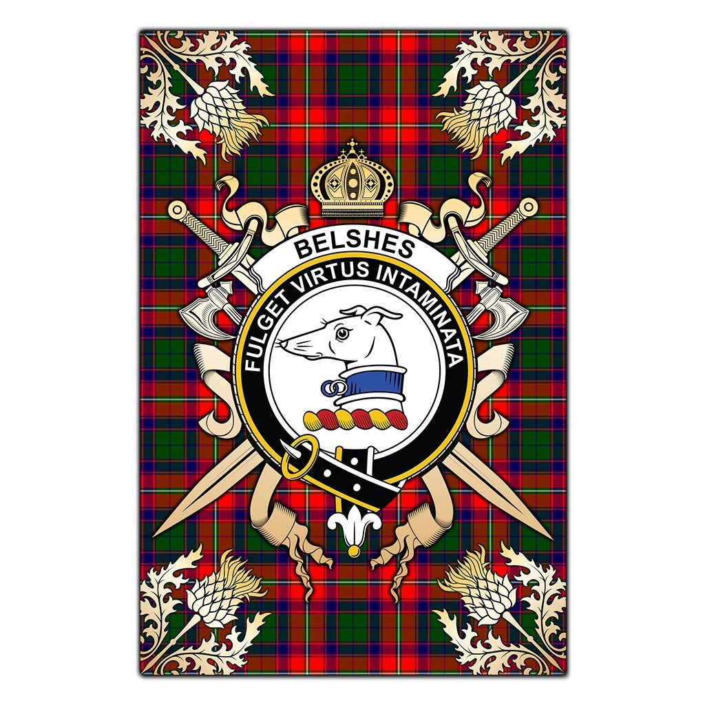 Clan Belshes Tartan Crest Black Garden Flag  - Gold Thistle  VC33 Clan Belshes Tartan Today   