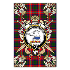 Clan Belshes Tartan Crest Black Garden Flag  - Gold Thistle  VC33 Clan Belshes Tartan Today   