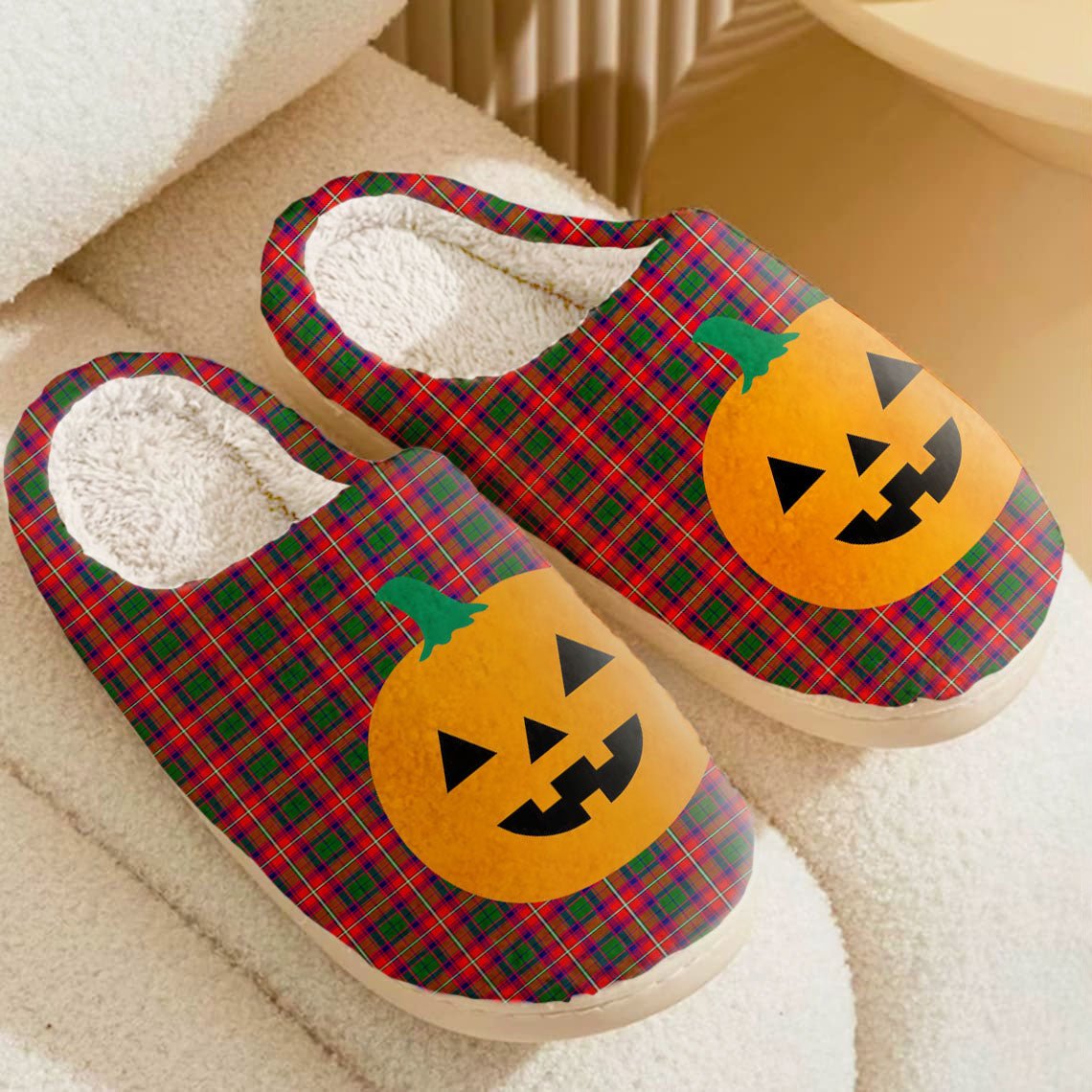 Clan Belshes Tartan Halloween Pumpkin Slippers, Fluffy Spooky Slippers PQ59 Belshes Tartan Tartan Halloween   