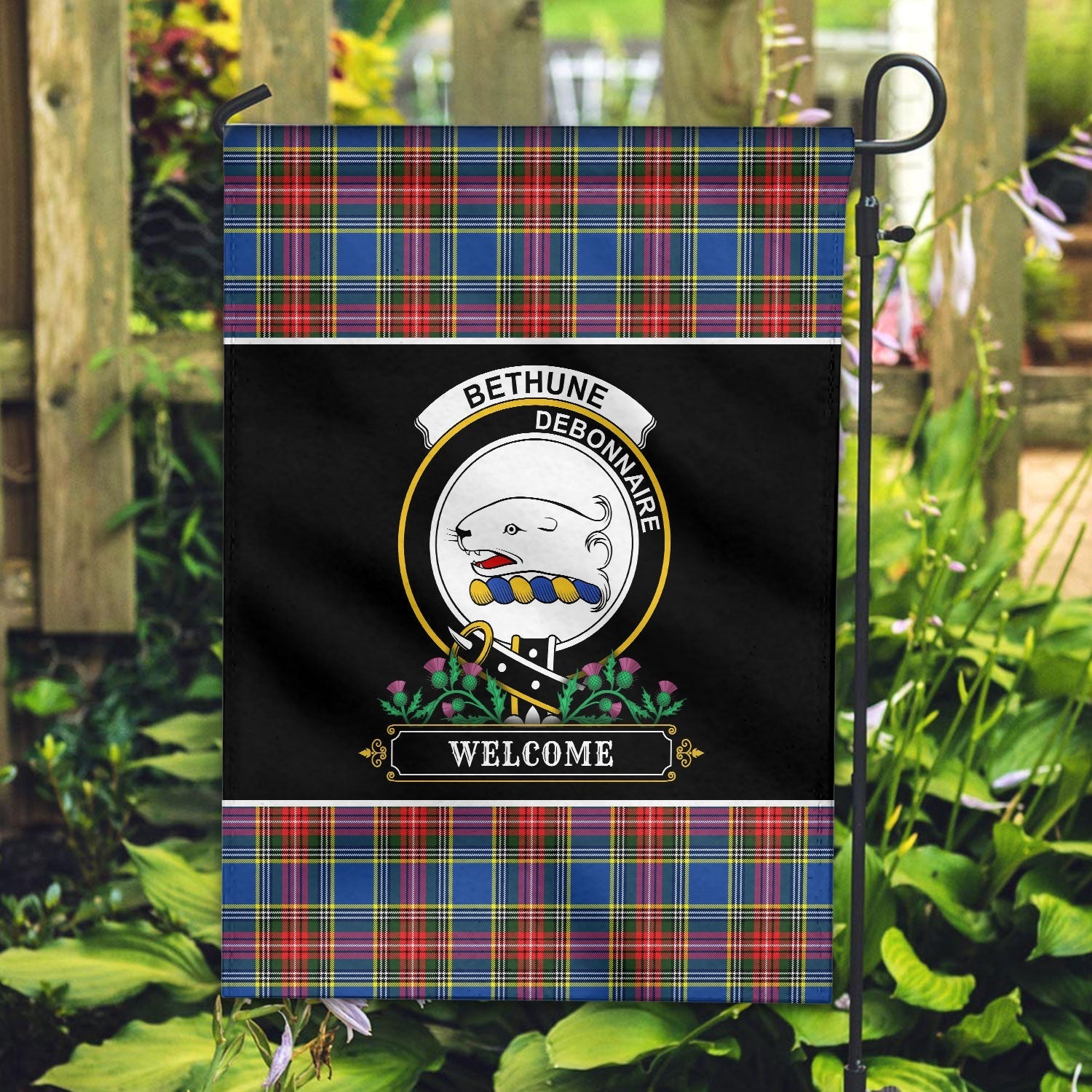 Clan Bethune Modern Tartan Crest Garden Flag  - Welcome  KH40 Clan Bethune Tartan Today   