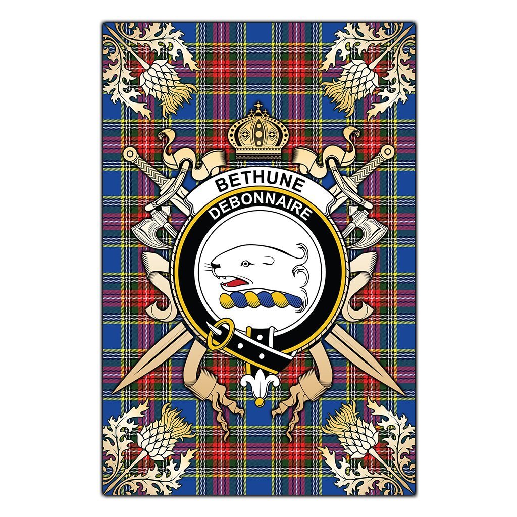 Clan Bethune Tartan Crest Black Garden Flag  - Gold Thistle  QS98 Clan Bethune Tartan Today   