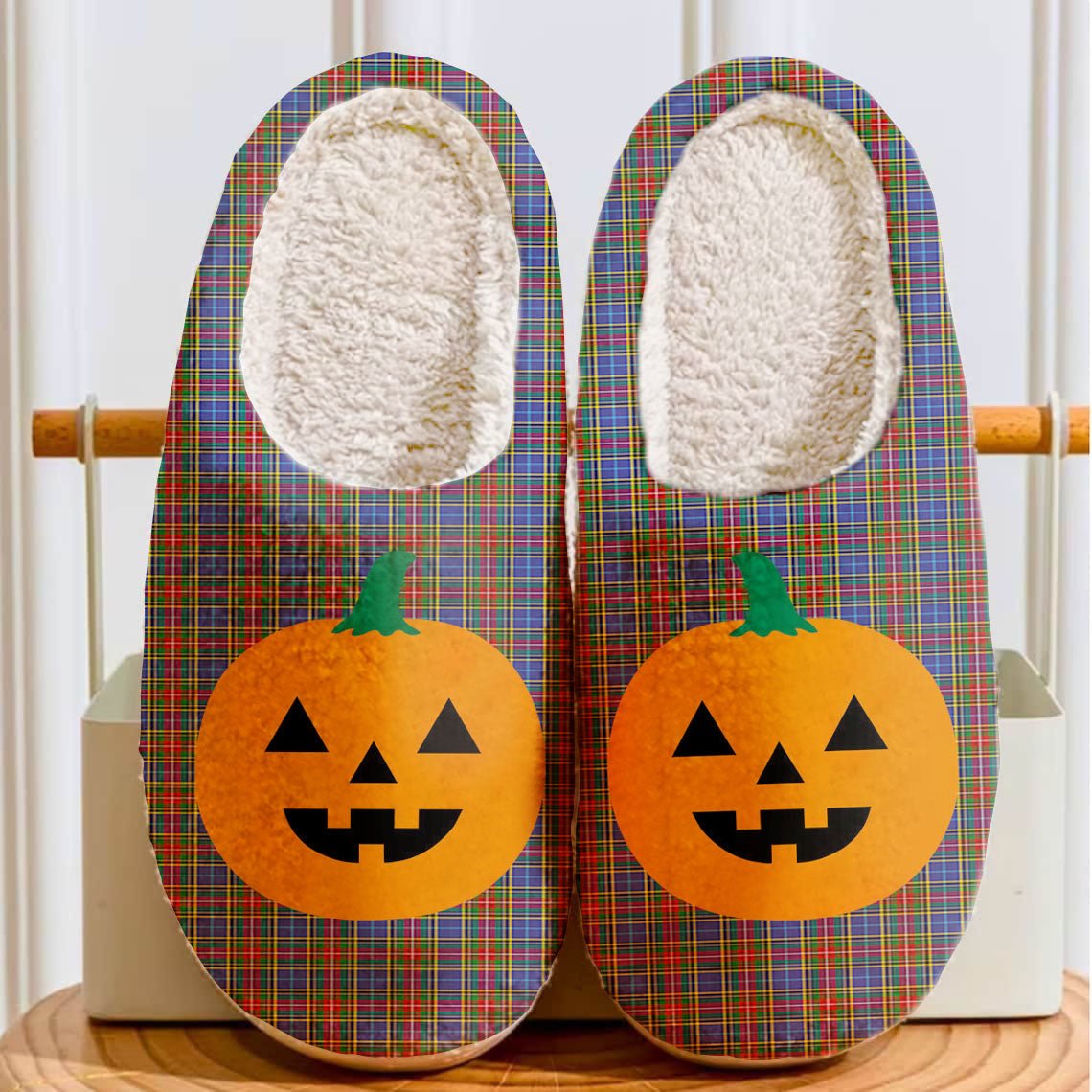 Clan Bethune Tartan Halloween Pumpkin Slippers, Fluffy Spooky Slippers XD20 Bethune Tartan Tartan Halloween   