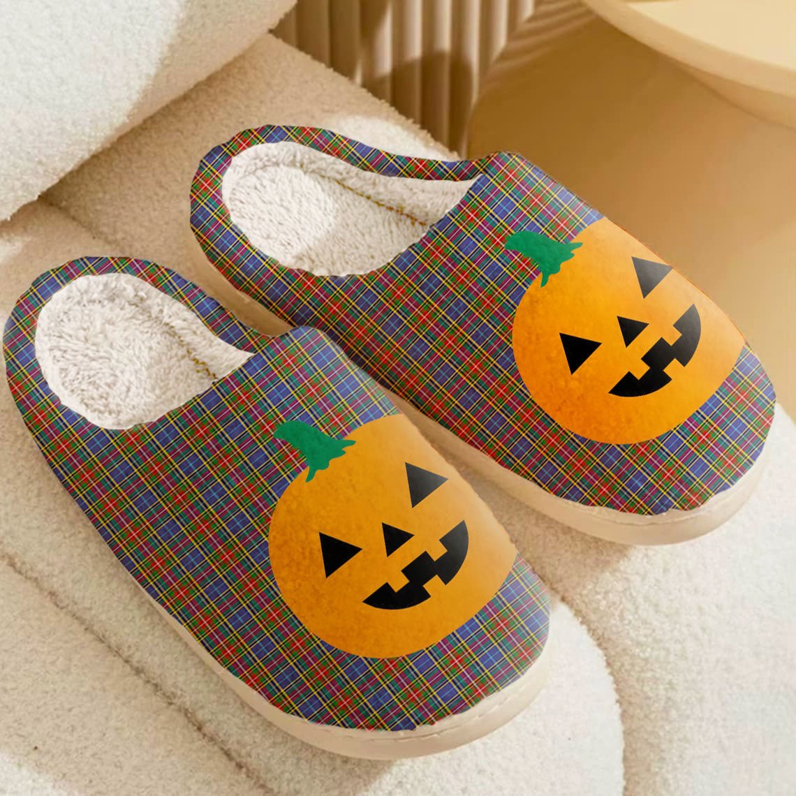 Clan Bethune Tartan Halloween Pumpkin Slippers, Fluffy Spooky Slippers XD20 Bethune Tartan Tartan Halloween   