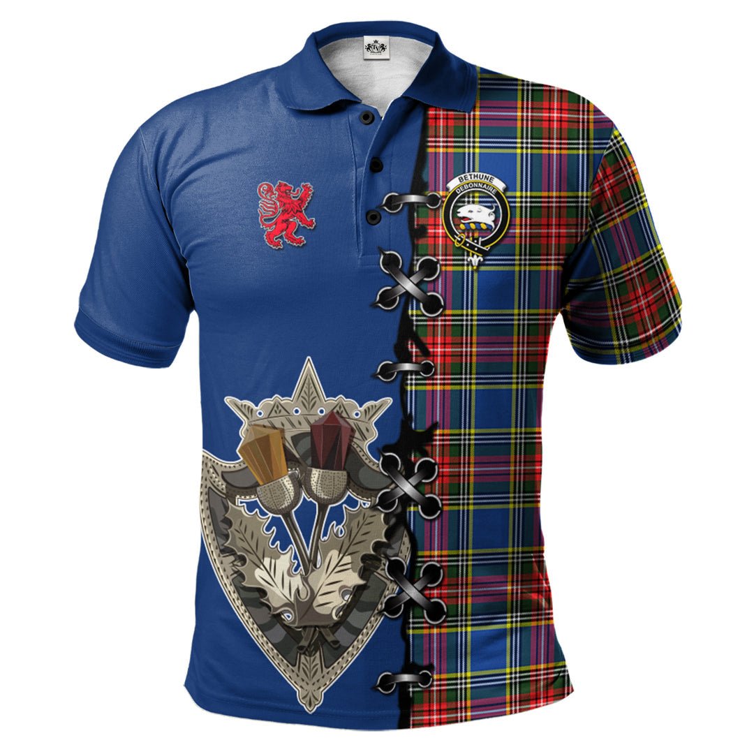 Clan Bethune Tartan Polo Shirt - Lion Rampant And Celtic Thistle Style NQ55 Bethune Tartan Tartan Polo   