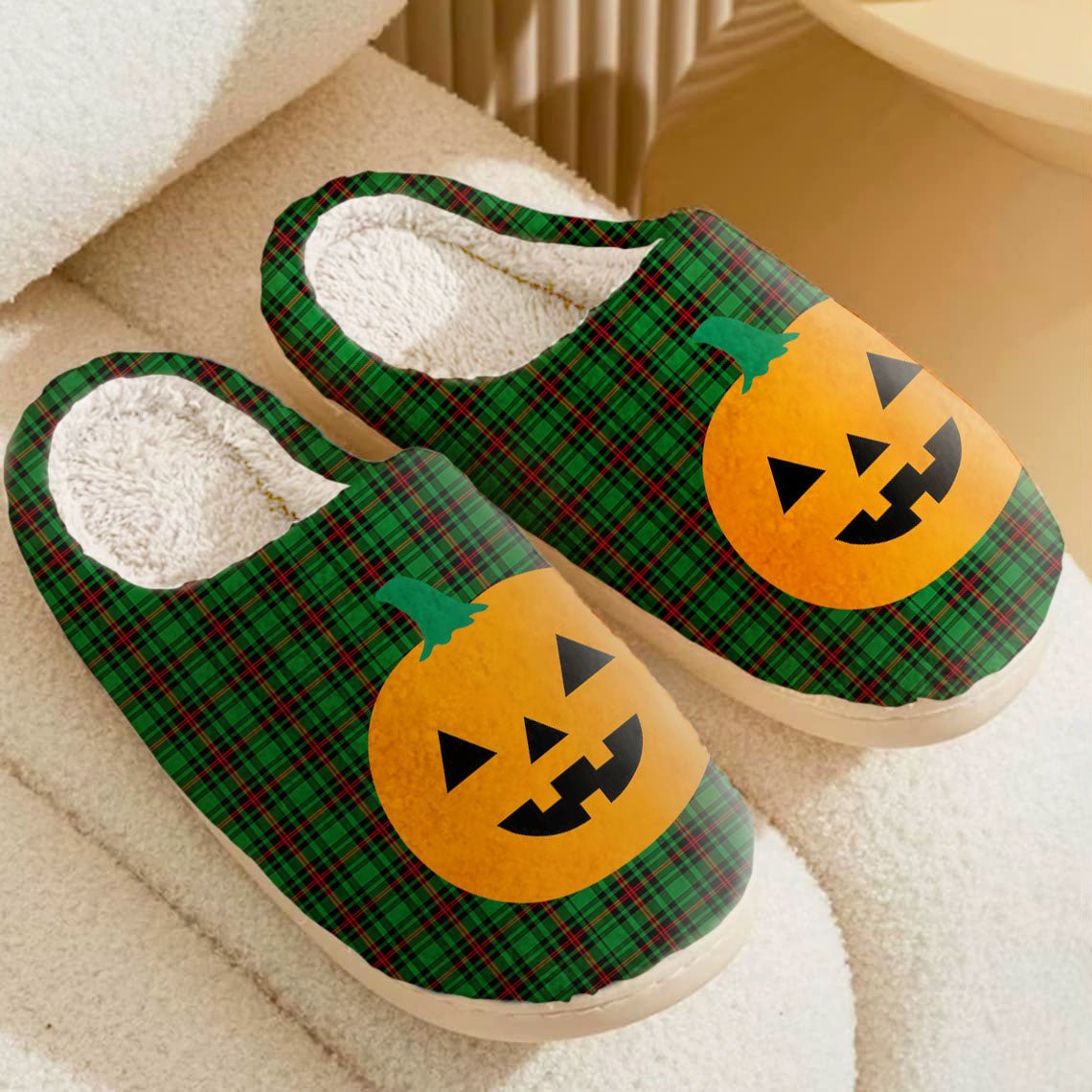 Clan Beveridge Tartan Halloween Pumpkin Slippers, Fluffy Spooky Slippers CR36 Beveridge Tartan Tartan Halloween   