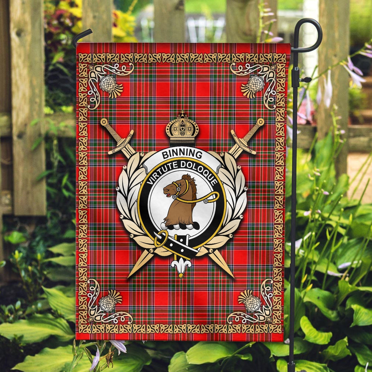 Clan Binning (of Wallifoord) Tartan Crest Garden Flag  - Celtic Thistle  TO40 Clan Binning Tartan Today   