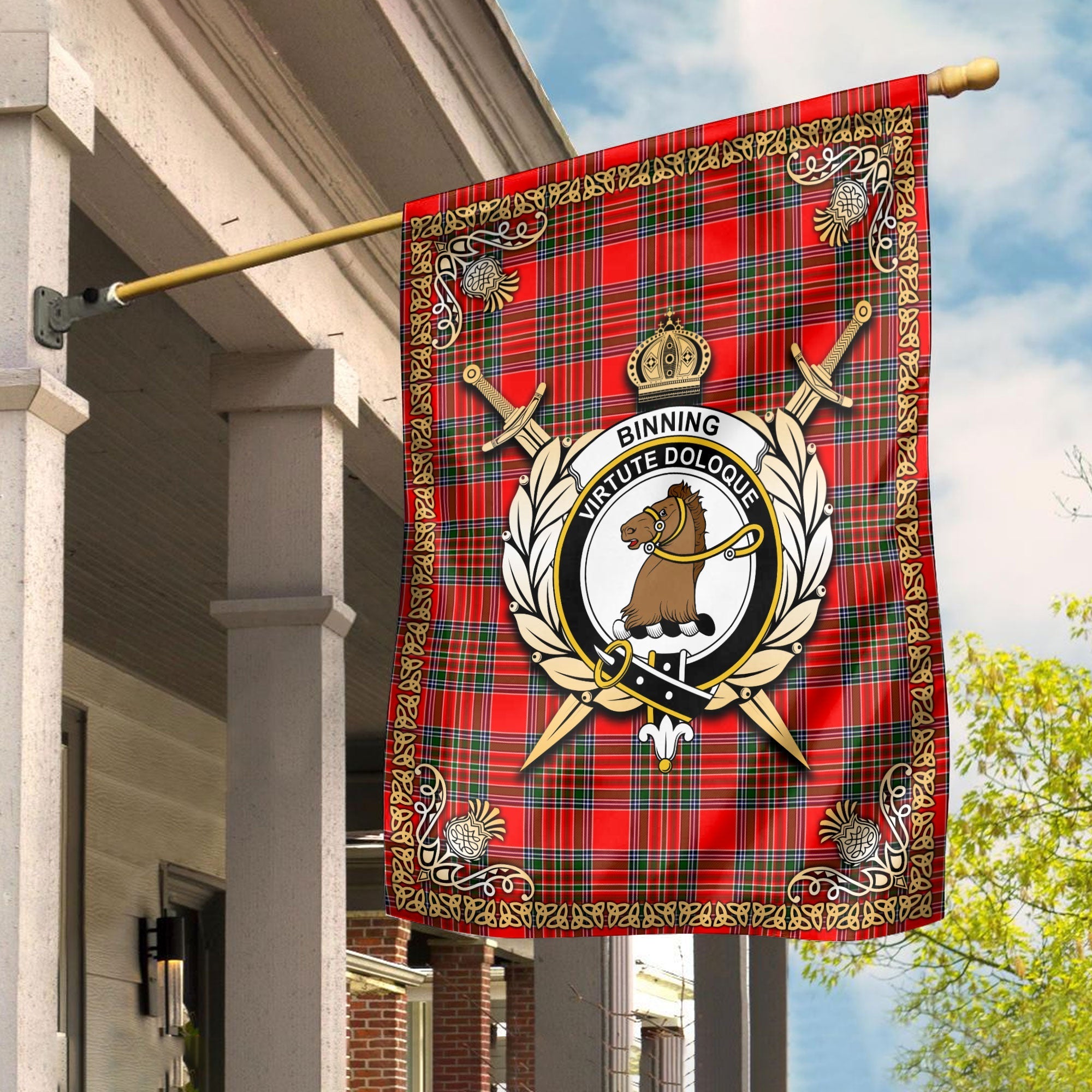 Clan Binning (of Wallifoord) Tartan Crest Garden Flag  - Celtic Thistle  TO40 Clan Binning Tartan Today   