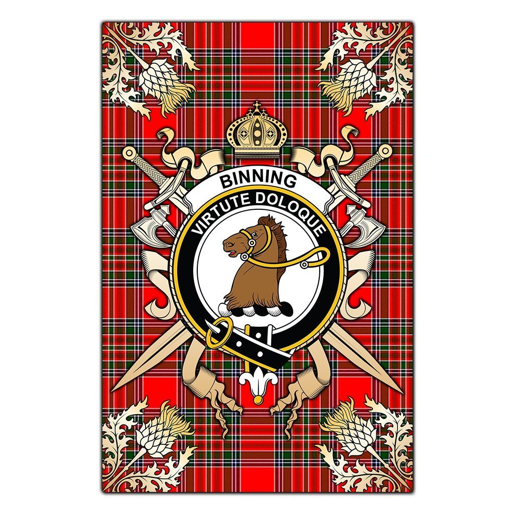 Clan Binning Tartan Crest Black Garden Flag  - Gold Thistle  EG98 Clan Binning Tartan Today   