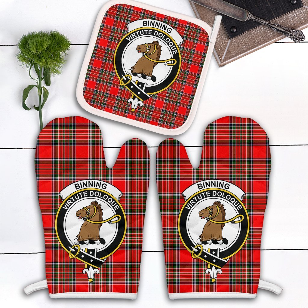 Clan Binning Tartan Crest Oven Mitt And Pot Holder (2 Oven Mitts + 1 Pot Holder) TI48 Clan Binning Tartan Today   