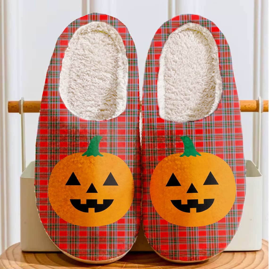 Clan Binning Tartan Halloween Pumpkin Slippers, Fluffy Spooky Slippers AI46 Binning Tartan Tartan Halloween   