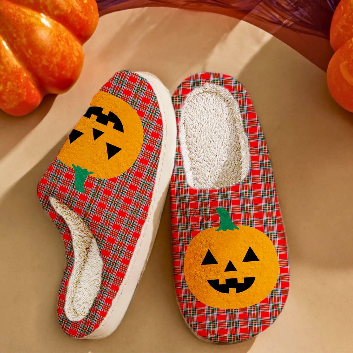 Clan Binning Tartan Halloween Pumpkin Slippers, Fluffy Spooky Slippers AI46 Binning Tartan Tartan Halloween   