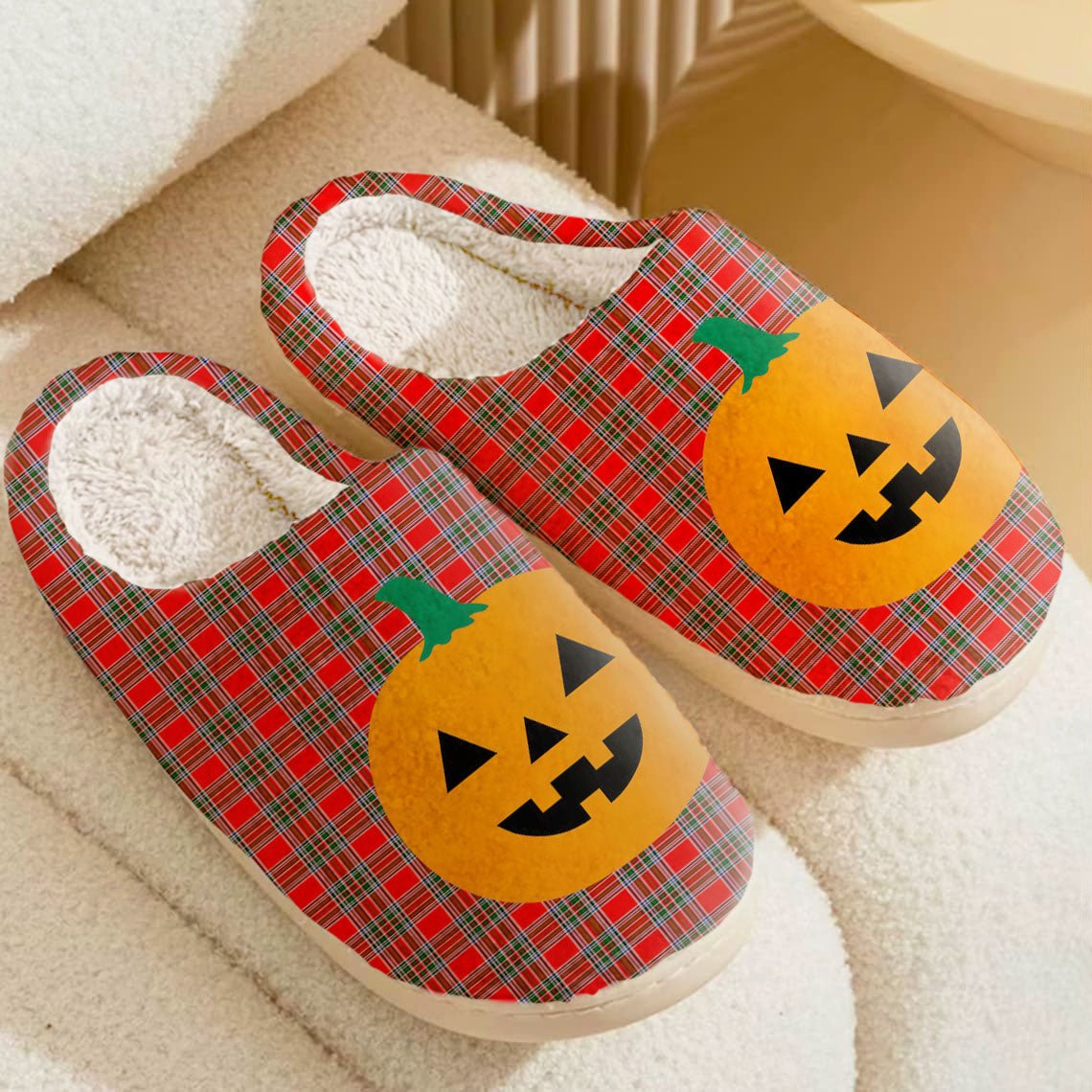 Clan Binning Tartan Halloween Pumpkin Slippers, Fluffy Spooky Slippers AI46 Binning Tartan Tartan Halloween   