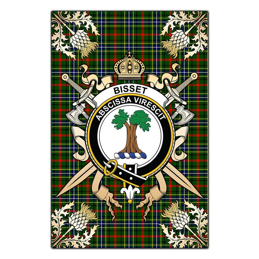 Clan Bisset Tartan Crest Black Garden Flag  - Gold Thistle  YF63 Clan Bisset Tartan Today   