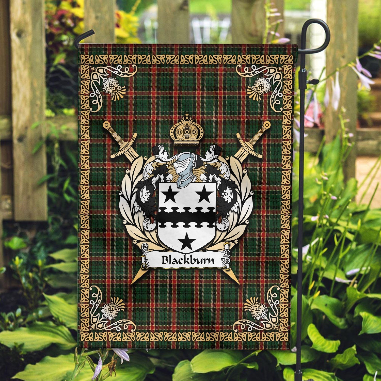 Clan Blackburn Tartan Crest Garden Flag  - Celtic Thistle  JH27 Clan Hall Tartan Today   