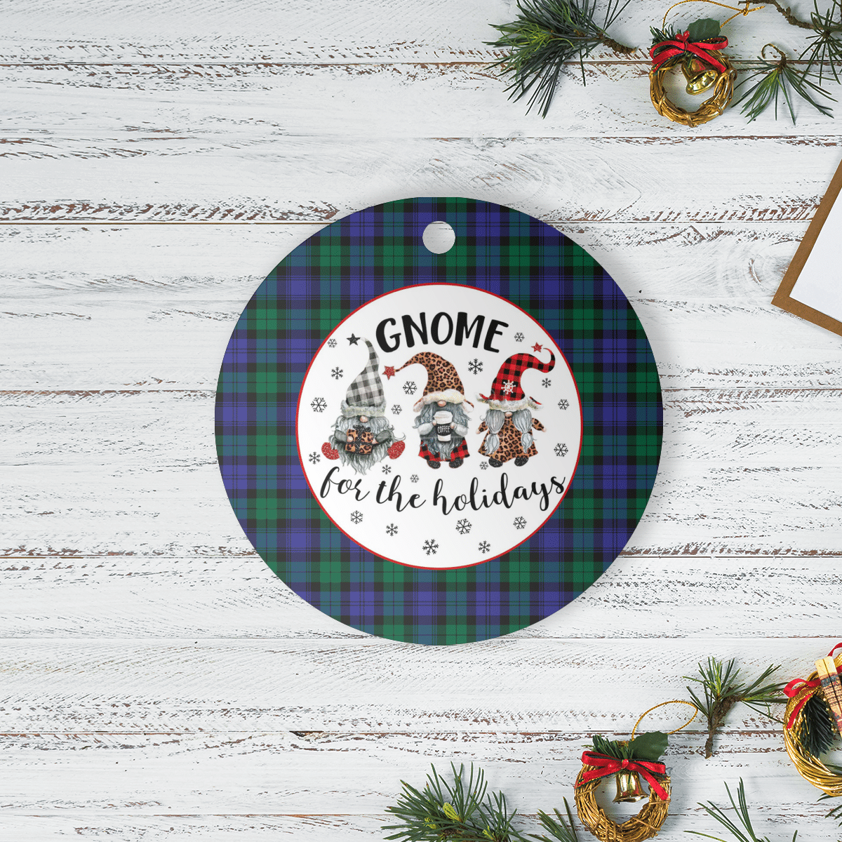 Clan Blackwatch Modern Tartan Gnome Round Ceramic Ornament LJ51 Blackwatch Modern Tartan Tartan Christmas   